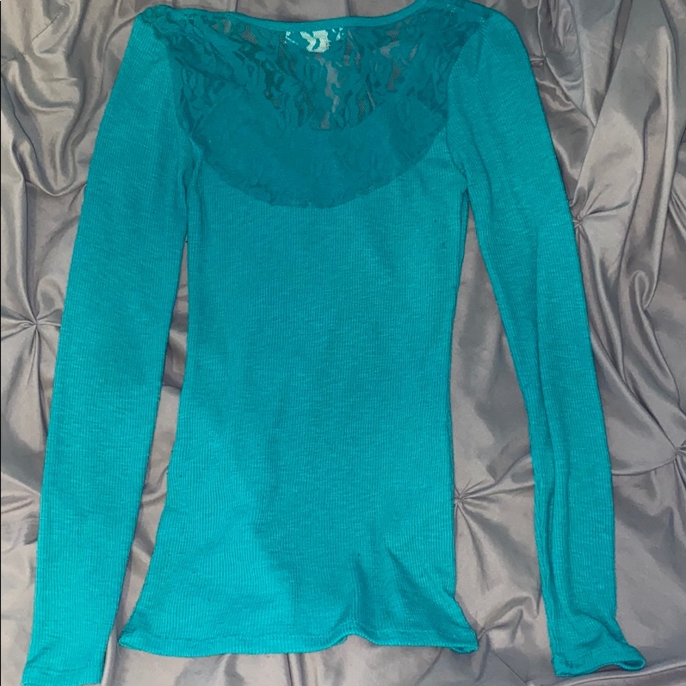 Teal Derek Heart Long Sleeve Stretchy Top - Picture 2 of 3